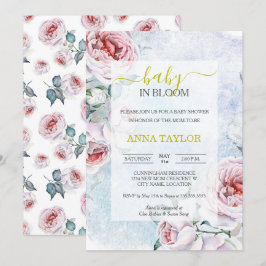 Baby i Bloom Elegant Blommigt Blue Baby Shower Inbjudningar