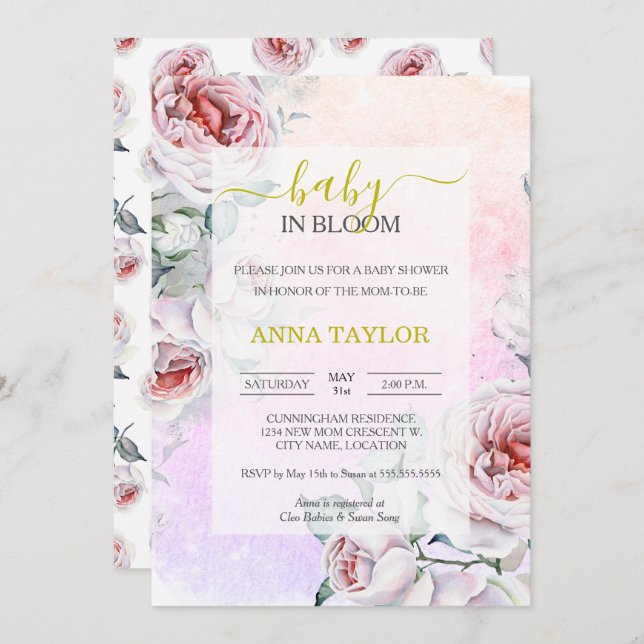 Baby i Bloom Elegant Rosa Blommigt Baby Shower Inbjudningar (Fram/baksida)