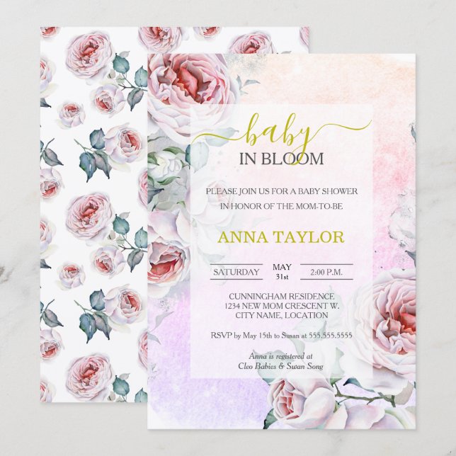 Baby i Bloom Elegant Rosa Blommigt Baby Shower Inbjudningar (Fram/baksida)