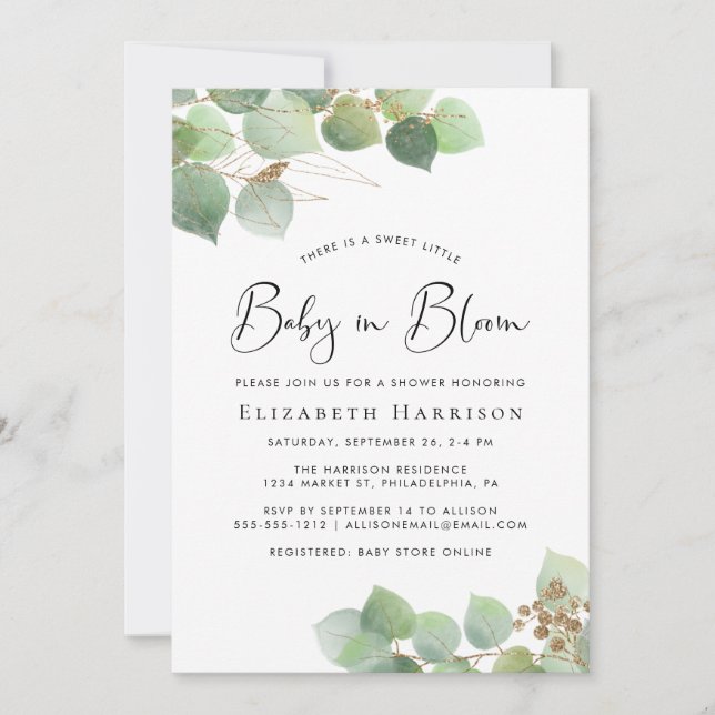 Baby i Bloom Eucalyptus Watercolor Shower Inbjudningar (Framsida)