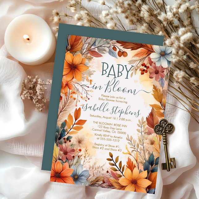 Baby i Bloom Fall Blommigt Ram Baby Shower Inbjudningar (Boho Baby in Bloom Fall Floral Frame Baby Shower Invitation - Dusky Teal Blue - Print | Digital )