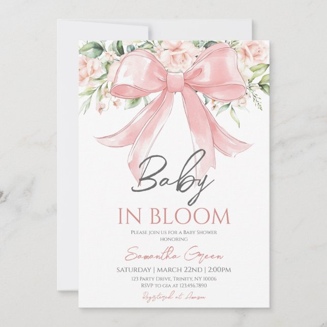 Baby i Bloom Girl Blommigt Ribbon Baby Shower Inbjudningar (Framsida)