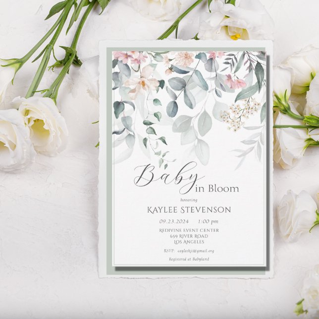 Baby i Bloom Girl Sage Blommigt Modern Baby Shower Inbjudningar (Skapare uppladdad)
