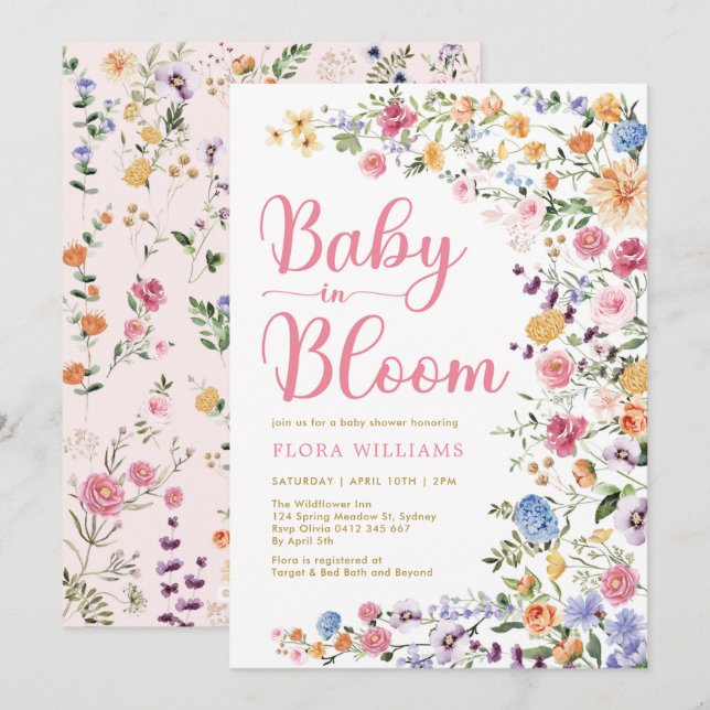 Baby i Bloom Girl Shower Inbjudningar (Fram/baksida)