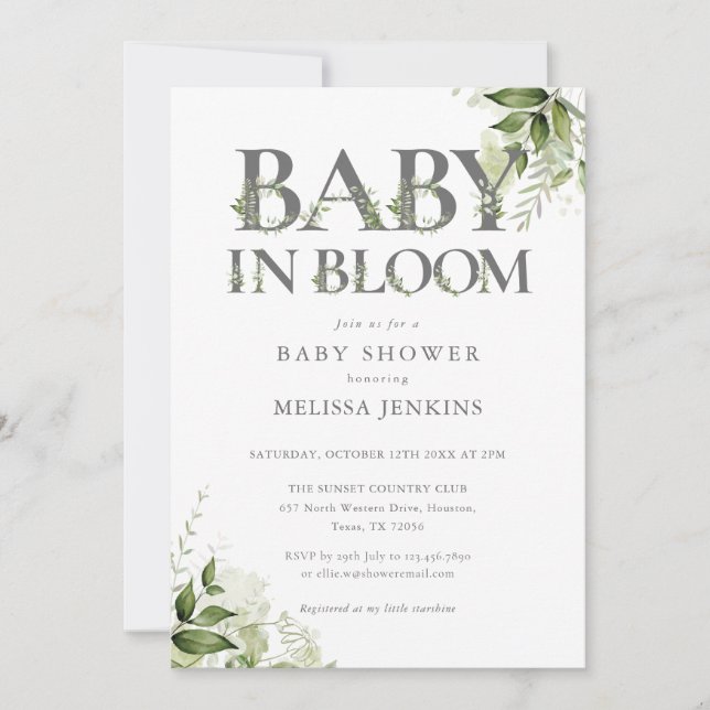 Baby i Bloom Greenery Blommigt Baby Shower Inbjudningar (Framsida)