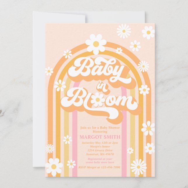 Baby i Bloom Groovy Daisy Regnbåge Baby Shower Inbjudningar (Framsida)