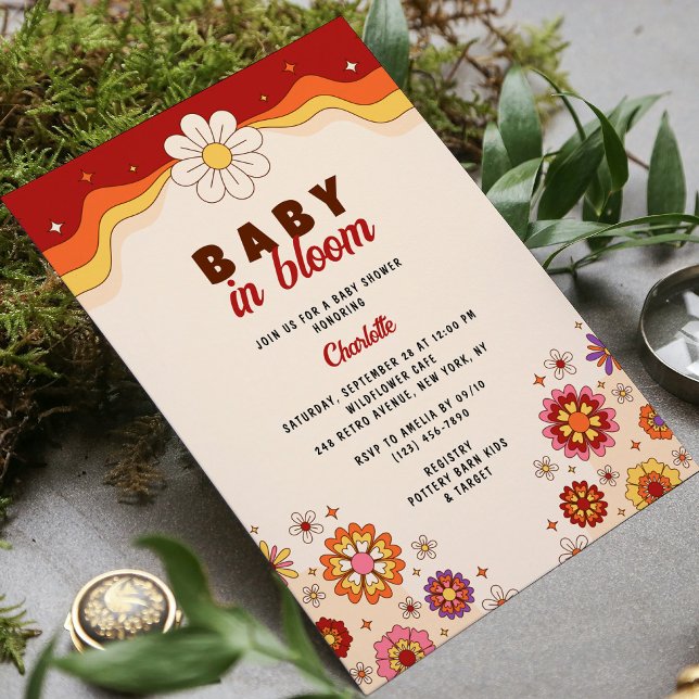 Baby i Bloom Groovy Retro Hippie Flowers Inbjudningar (Skapare uppladdad)