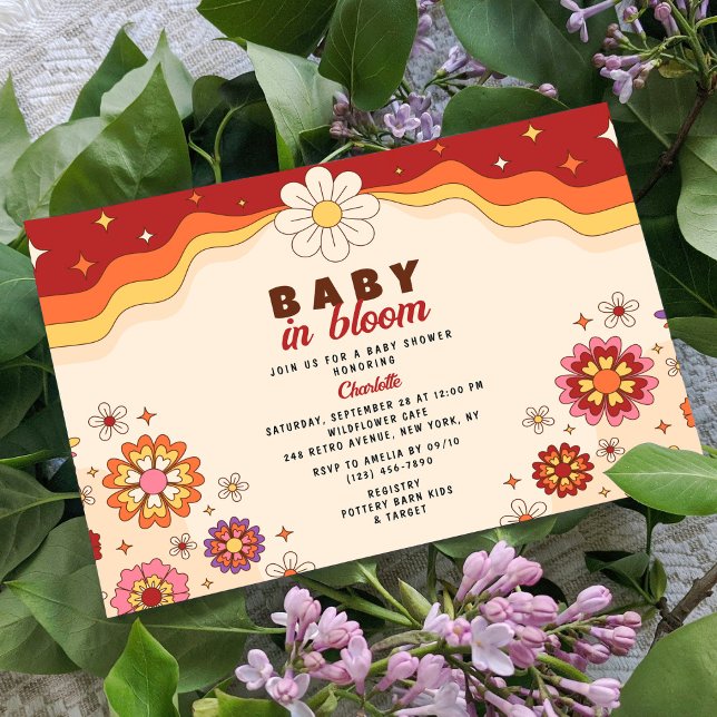 Baby i Bloom Groovy Retro Hippie Flowers Inbjudningar (Skapare uppladdad)