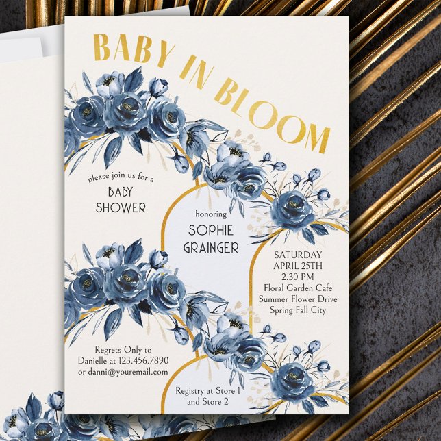 Baby i Bloom Guld Arch Blue Ro Baby Shower Inbjudningar (Skapare uppladdad)