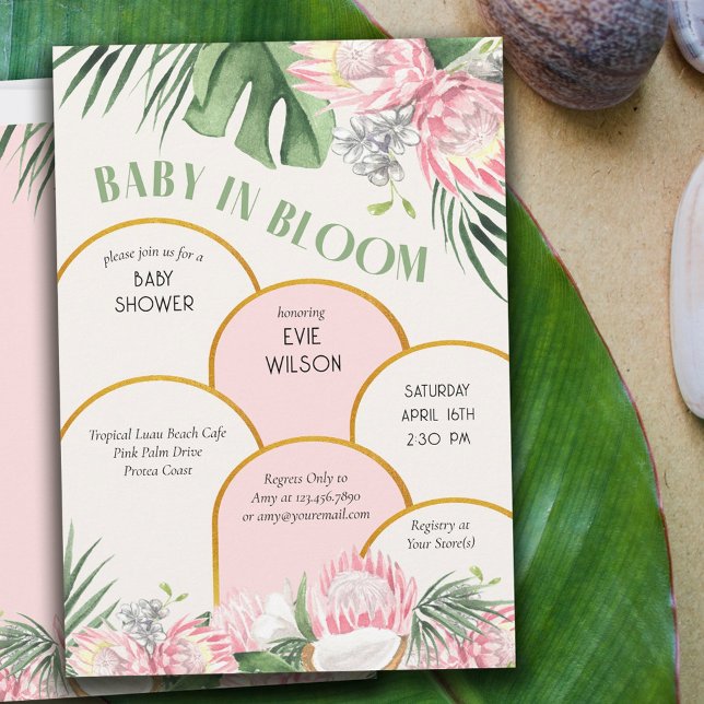 Baby i Bloom Guld Arch Rosa Protea Baby Shower Inbjudningar (Skapare uppladdad)