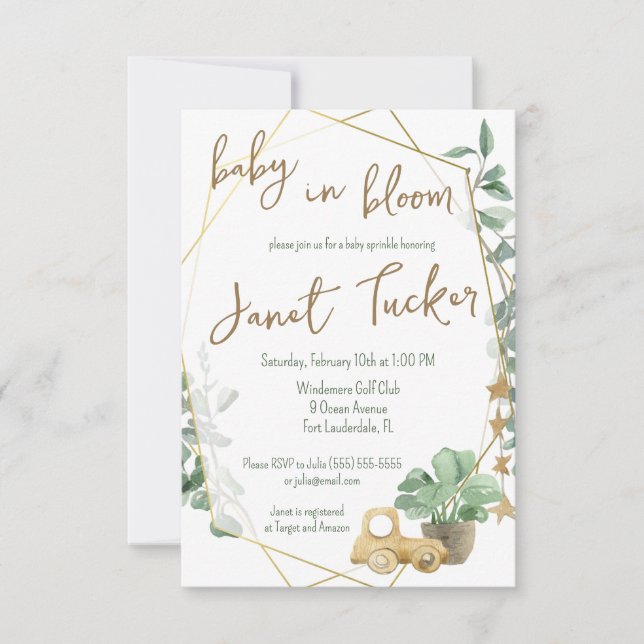 Baby i Bloom Guld Ram, Greenery Baby Shower Inbjudningar (Framsida)