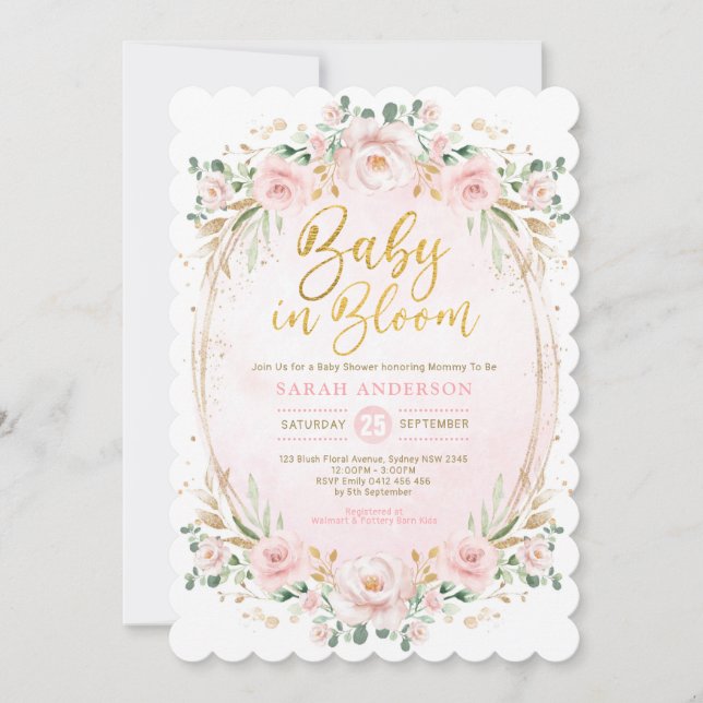 Baby i Bloom  Guld Rosa Blommigt Girl Shower Inbjudningar (Framsida)
