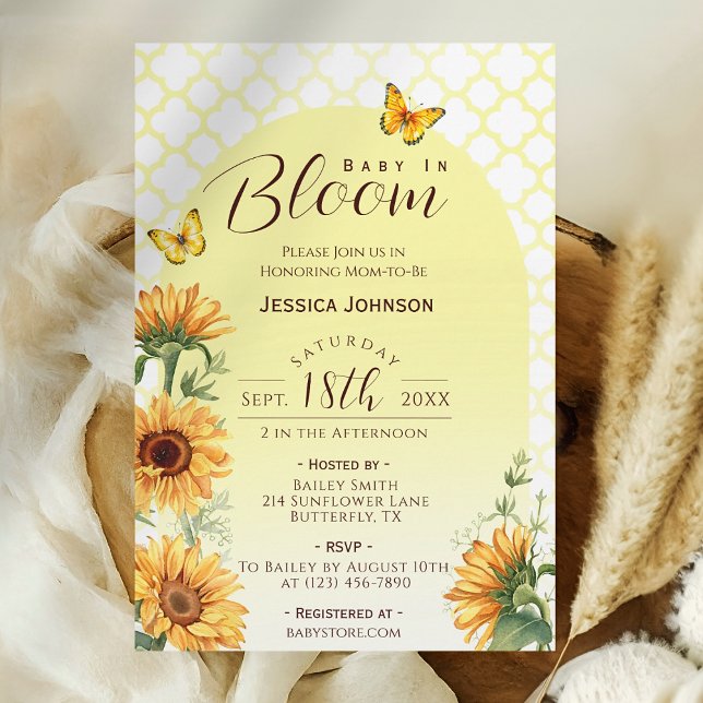 Baby i Bloom Gult Solblomma Babykläder Inbjudningar (Baby in Bloom Sunflower Baby Shower Invitation)