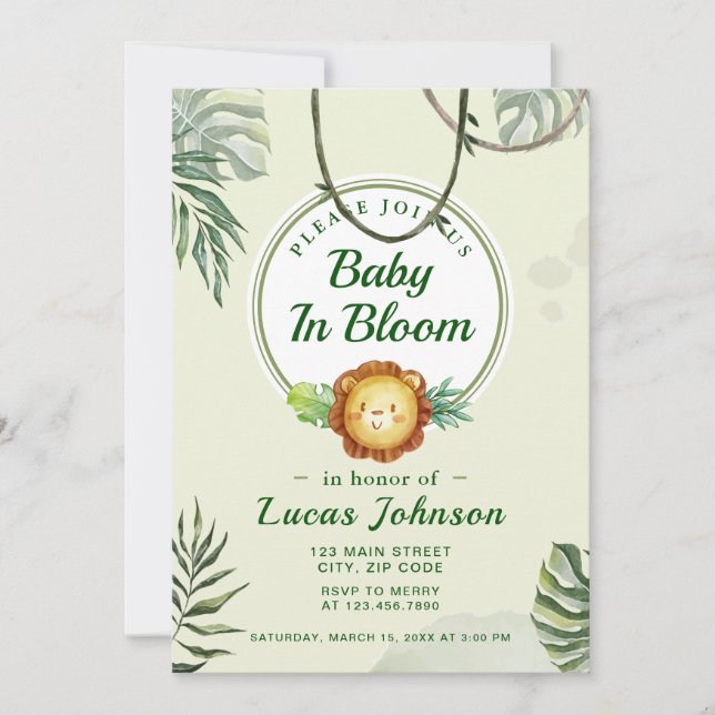Baby i Bloom Jungle Pojke Invitation Inbjudningar (Framsida)