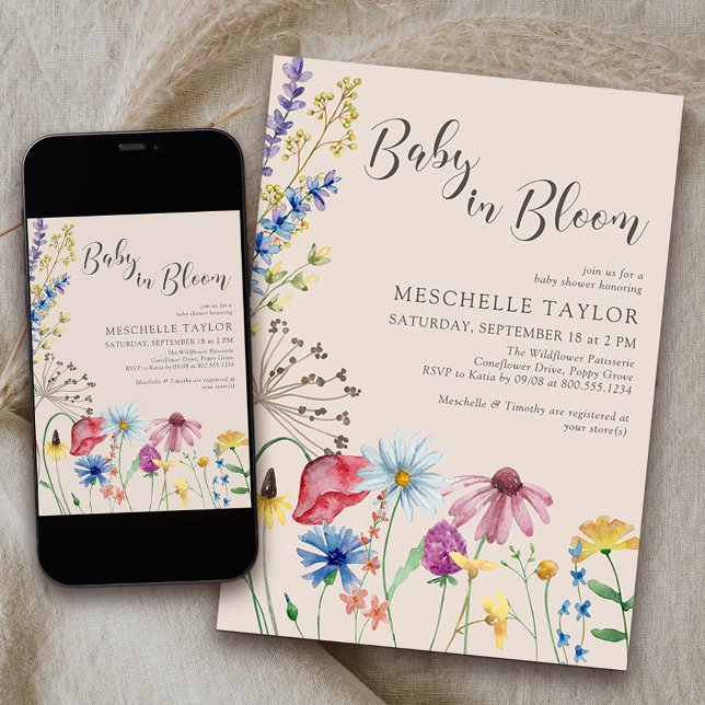 Baby i Bloom Land Wildblomme Baby Shower Inbjudningar (Baby in Bloom Baby Shower Invitation from my Wildflower Charm collection)