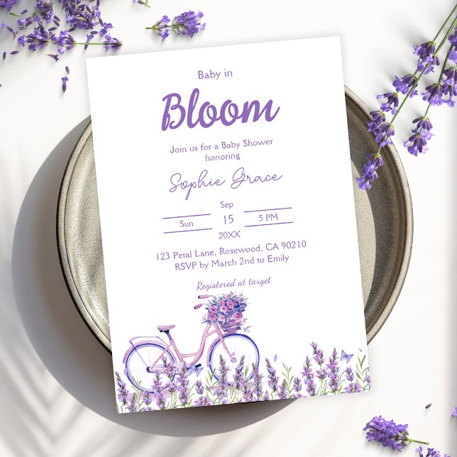 Baby i Bloom Lavender Bicycle Baby Shower Inbjudningar (Skapare uppladdad)