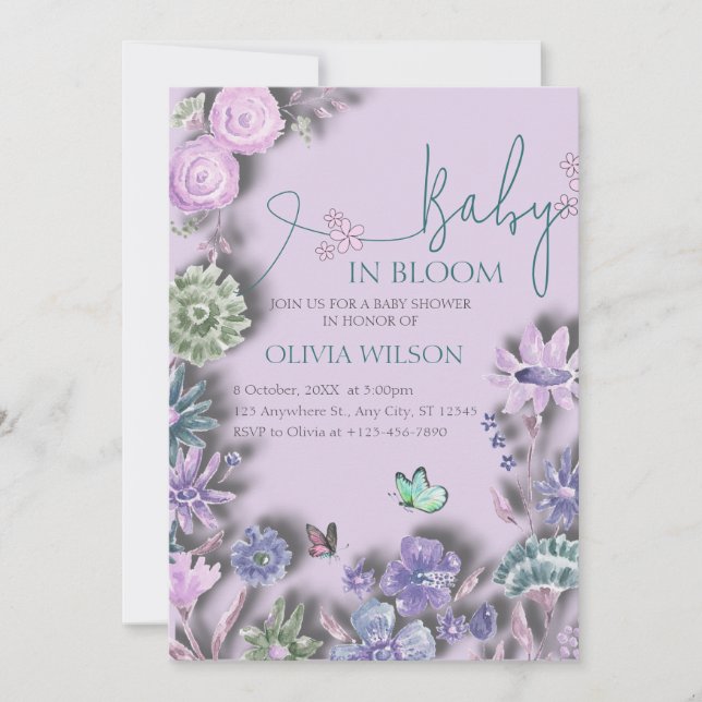 Baby i Bloom Lavender Lilac Blommigt Baby Shower Inbjudningar (Framsida)