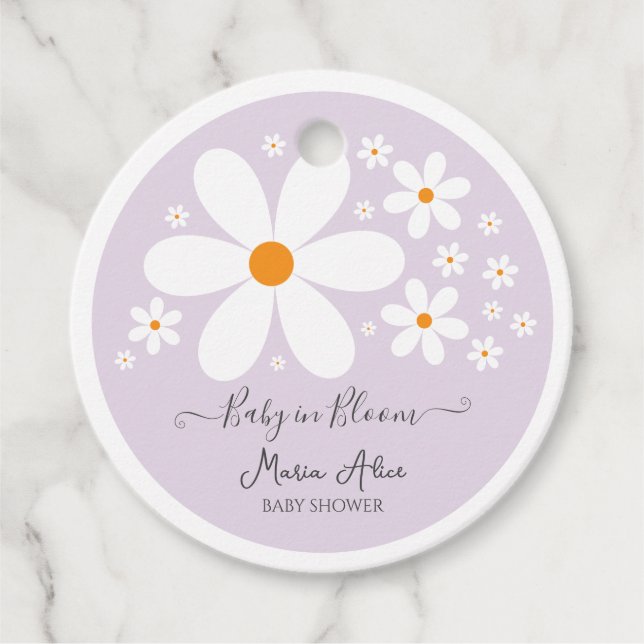 Baby i Bloom Lila Daisy Baby Shower Gåvor Etiketter (Framsida)