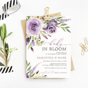 Baby i Bloom Lila Ro Blommigt Baby Shower Inbjudningar
