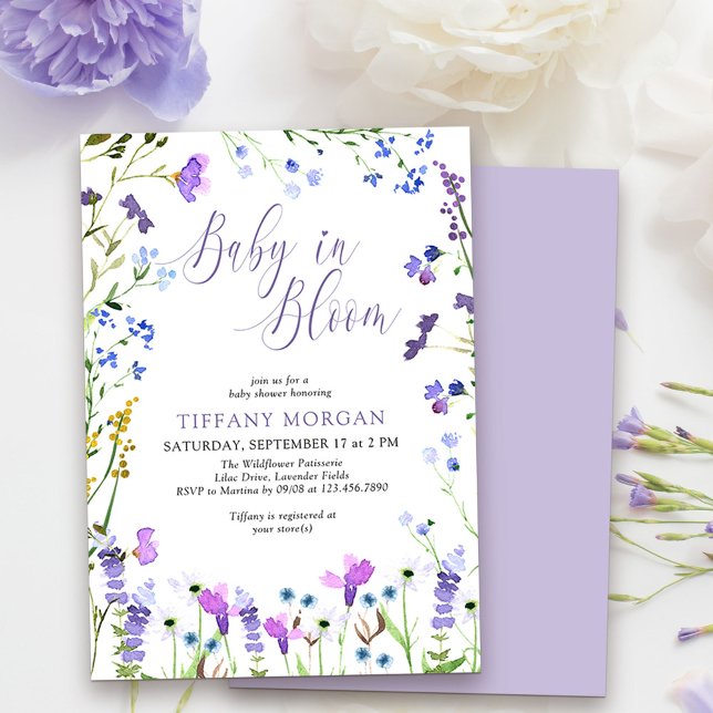 Baby i Bloom Lila WildblomBaby Shower Inbjudningar (Baby in Bloom Baby Shower Invitation from my Purple Wildflower Collection.
)