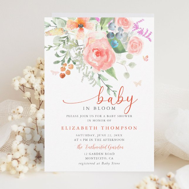 Baby i Bloom Lycklig Garden Blommigt Girl Baby Sho Inbjudningar (baby in bloom colorful floral elegant modern calligraphy garden party backyard summer spring fall)