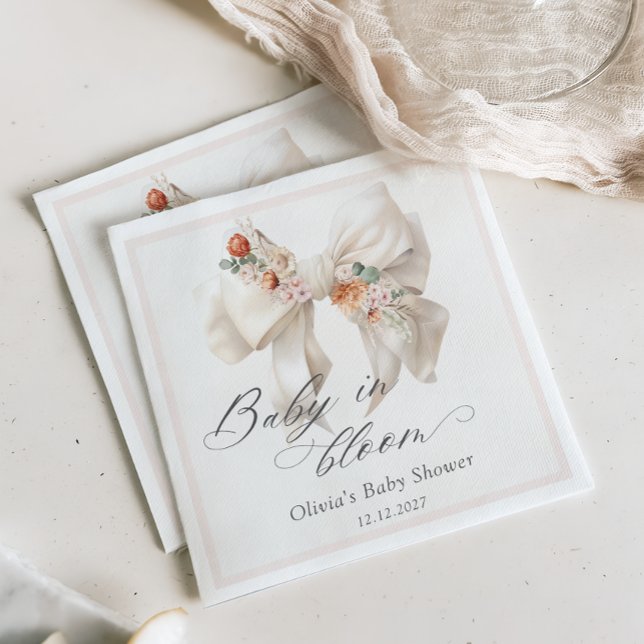 Baby i Bloom Neutralt Blommigt Bow Baby Shower Pappersservett (Skapare uppladdad)