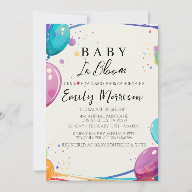 Baby i bloom och pratbubblor, babyskor inbjudningar (Framsida)