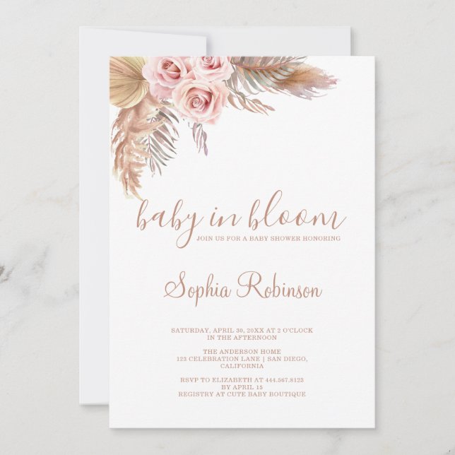 Baby i Bloom Pampas Grass Boho Baby Shower Inbjudningar (Framsida)