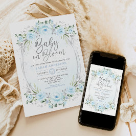 Baby i Bloom Pastel Blue Silver Blommigt Boy Showe Inbjudningar