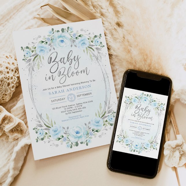 Baby i Bloom Pastel Blue Silver Blommigt Boy Showe Inbjudningar (Skapare uppladdad)