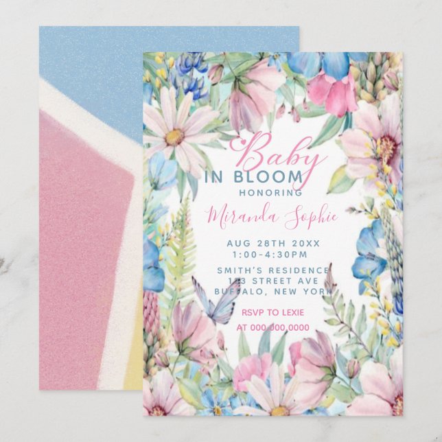 Baby i Bloom Pastel Wildblommor Baby Shower Inbjudningar (Fram/baksida)