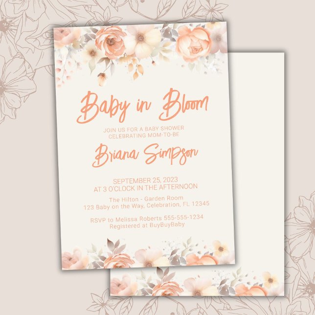 Baby i Bloom Peach Beige Ivory Blommigt Baby Showe Inbjudningar (Skapare uppladdad)