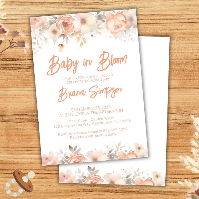 Baby i Bloom Peach Blommigt Baby Shower Inbjudningar (Skapare uppladdad)