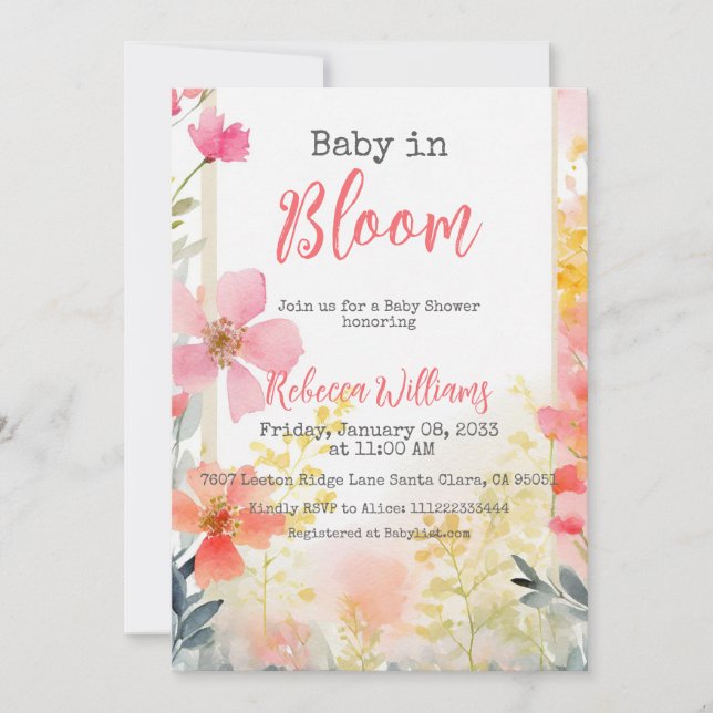 Baby i Bloom Peach Wildblomme Blommigt Baby Shower Inbjudningar (Framsida)