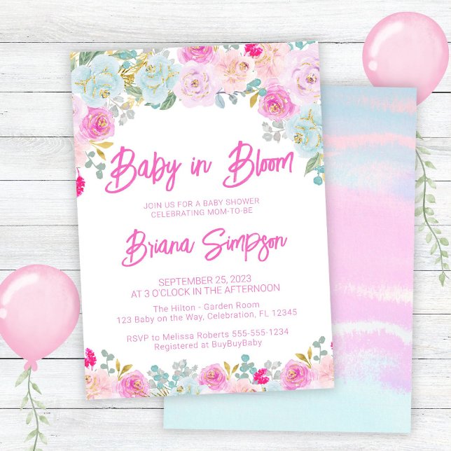 Baby i Bloom Rosa Blå Peachy Blommig Bebis Bebisfe Inbjudningar (Skapare uppladdad)