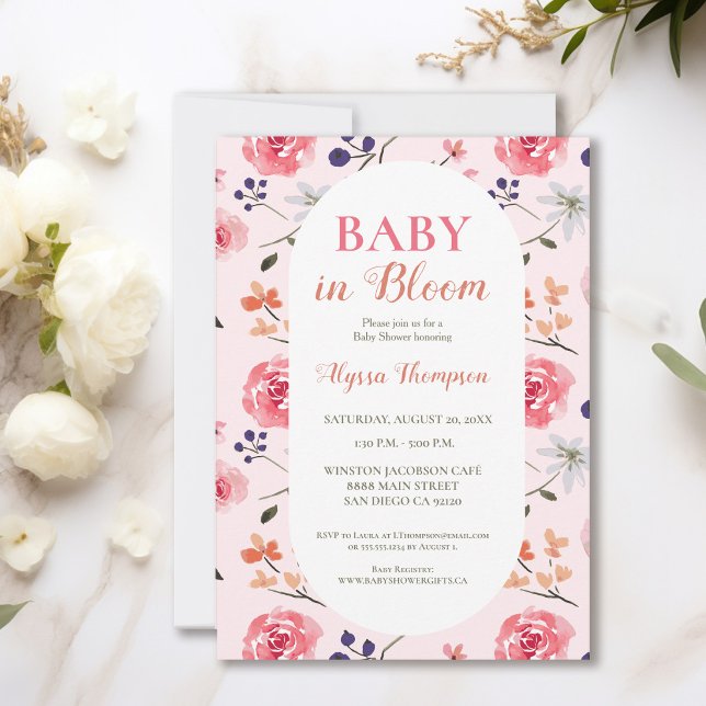 Baby i Bloom Rosa Blommigt Anpassningsbar Baby Sho Inbjudningar (Elegant Baby in bloom watercolor floral pink baby shower invitation)