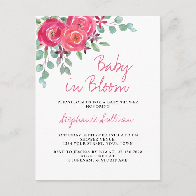 Baby i Bloom Rosa Blommigt Baby Shower Inbjudan Vykort (Framsida)