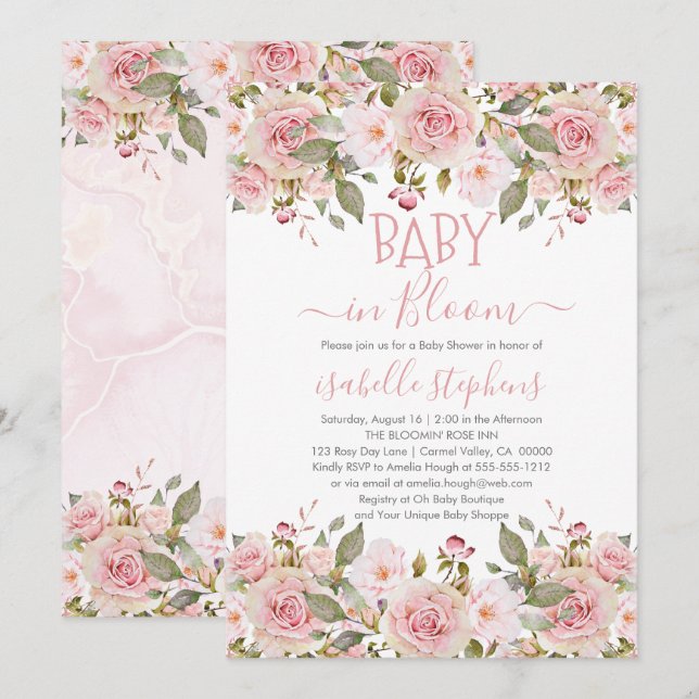 Baby i Bloom Rosa Blommigt Baby Shower Inbjudningar (Fram/baksida)