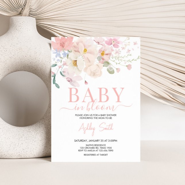Baby i Bloom  Rosa Blommigt Baby Shower Inbjudningar (Blush Pink Floral Baby in Bloom Baby Shower Invitation)