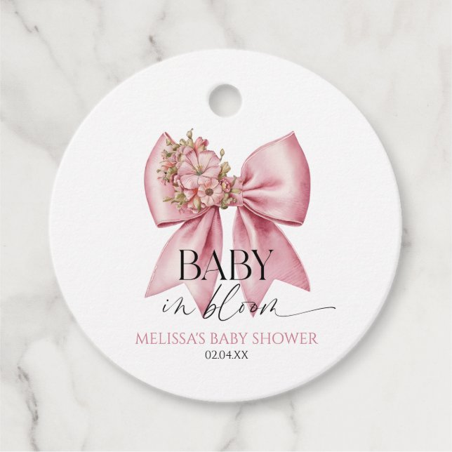 Baby i Bloom Rosa Blommigt Bow Baby Shower Gåvor Etiketter (Framsida)