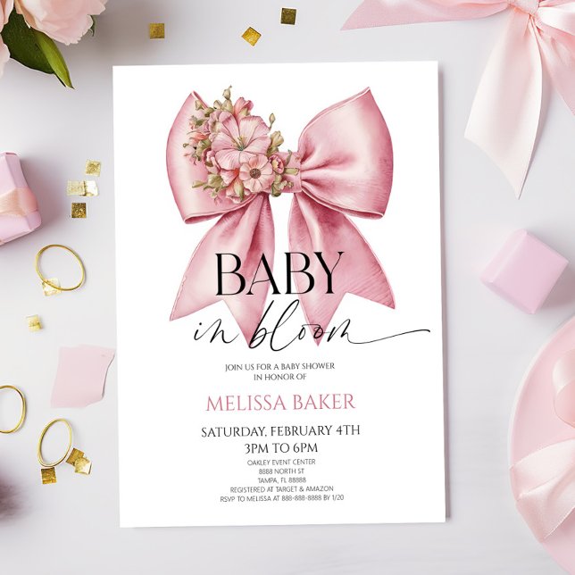 Baby i Bloom Rosa Blommigt Bow Baby Shower Inbjudningar (Skapare uppladdad)