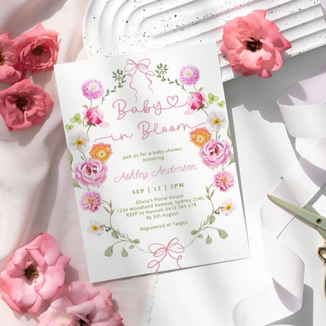 Baby i Bloom Rosa Blommigt Bow Baby Shower Inbjudningar (Skapare uppladdad)