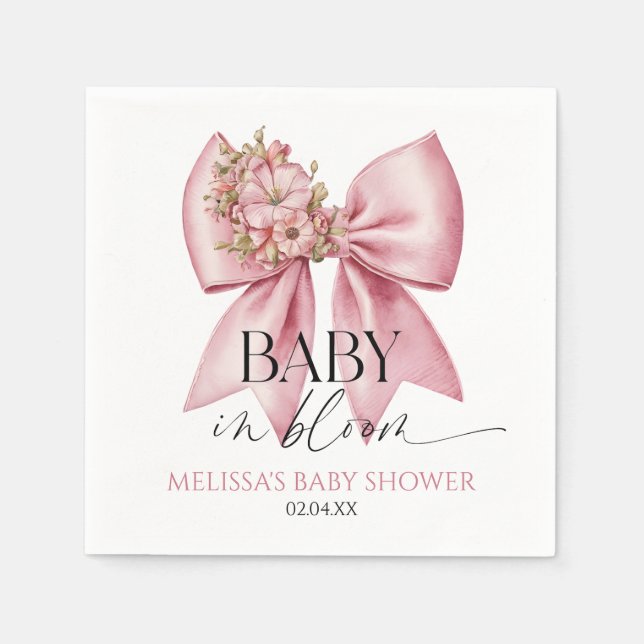 Baby i Bloom Rosa Blommigt Bow Baby Shower Pappersservett (Framsidan)