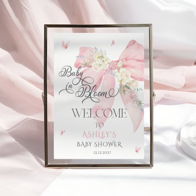 Baby i Bloom Rosa Blommigt Bow Baby Shower Välkomm Poster (Skapare uppladdad)