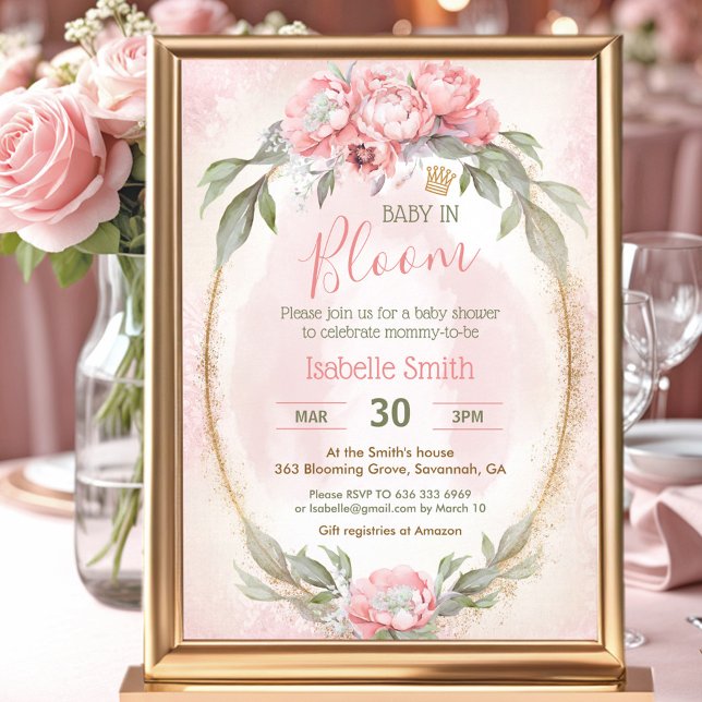 Baby i Bloom Rosa Blommigt Elegant Girl Baby Showe Inbjudningar (Baby In Bloom Pink Floral Elegant Girl Baby Shower Invitation)