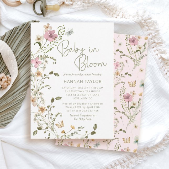 Baby i Bloom Rosa Blommigt Girl Baby Shower Inbjudningar (baby in bloom pink floral wildflower baby shower)