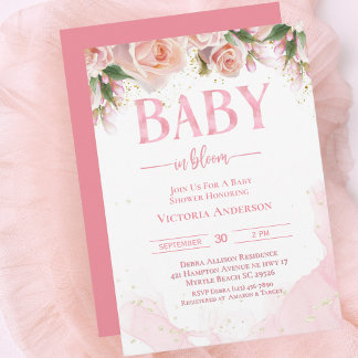 Baby i Bloom Rosa Blommigt Girls Baby Shower Inbjudningar