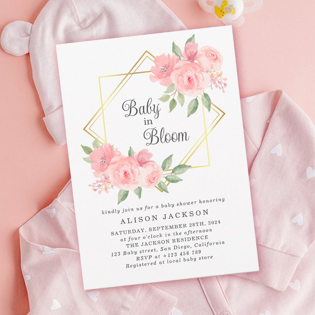 Baby i Bloom Rosa Blommigt Guld Ram Baby Shower Inbjudningar (Baby in bloom baby shower invitation)
