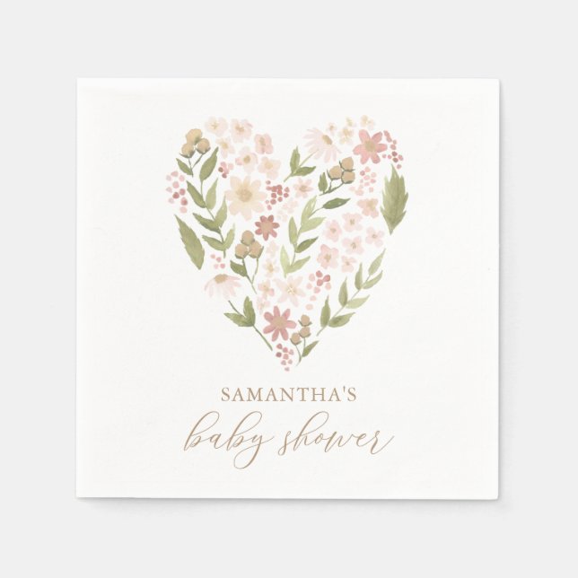 Baby i Bloom Rosa Blommigt Heart Baby Shower Pappersservett (Framsidan)