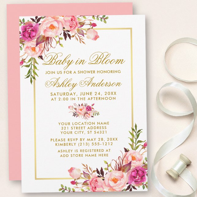 Baby i Bloom Rosa  Blommigt Shower Guld Inbjudningar (Customize to change text color, text style or color of back of card.)